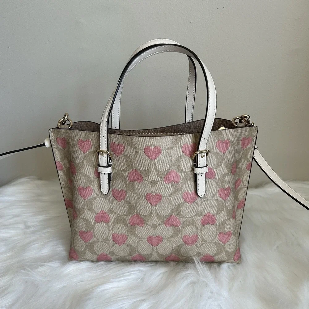 Coach Mollie Tote 25 Khaki Pink Heart Signature Canvas — Excellent Condition - Picture 2 of 10